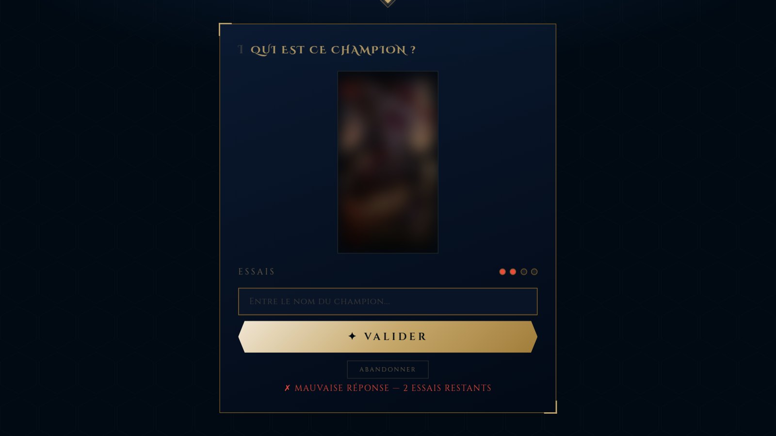 Une partie de Deviner un champion LoL à partir d'indices en cours sur PentaGuess