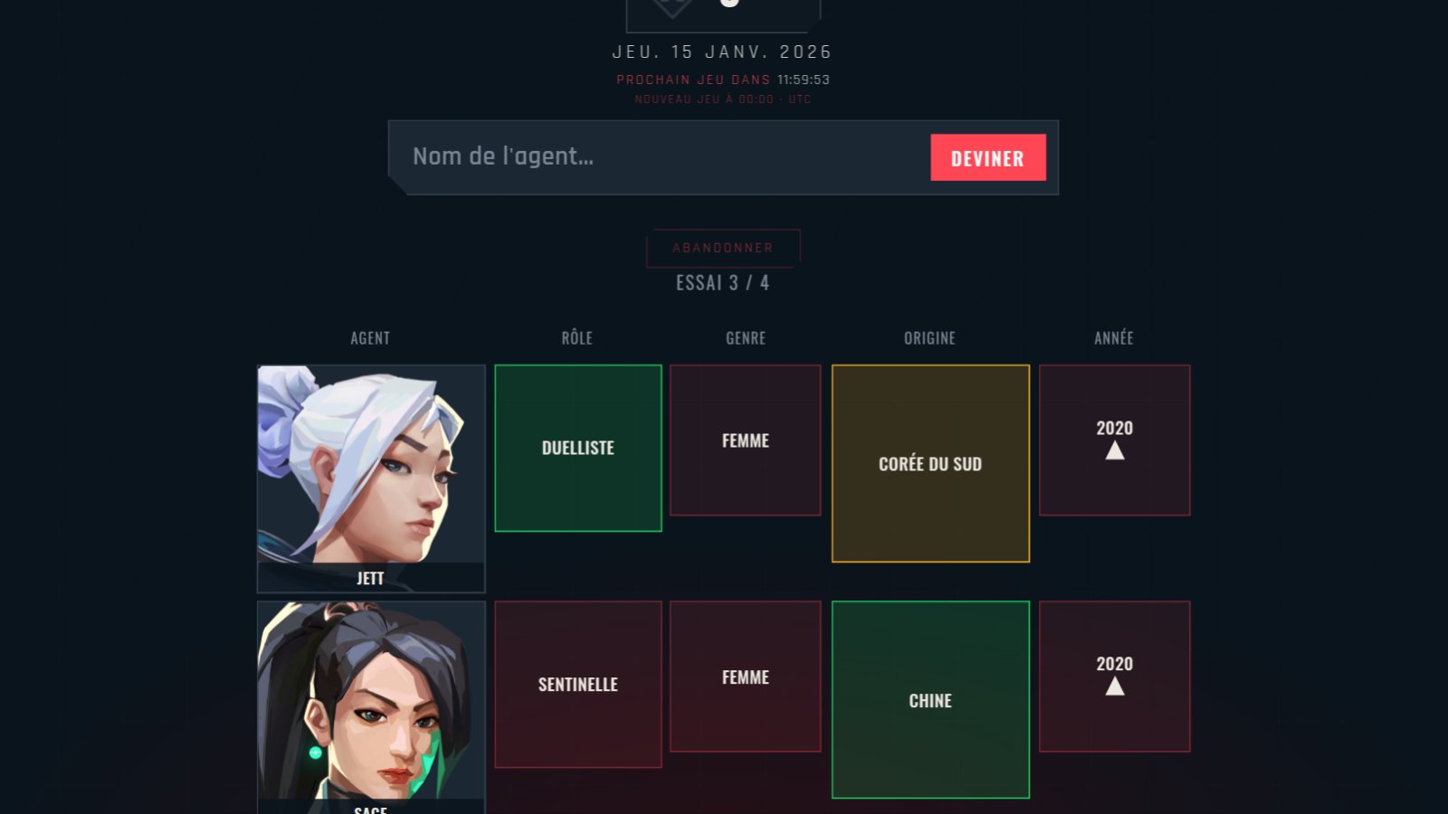 Une partie de L'Agent du Jour en cours sur PentaGuess